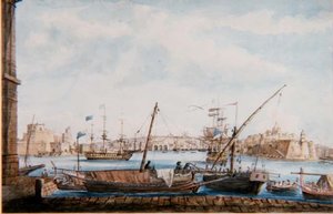 ヴァレッタ側からのガレーズ港の眺め、1800年頃（鉛筆と水彩画） 作： Major James of Tolcross Weir
