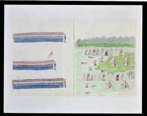 クマのハート。 1877年、フロリダ州セントオーガスティン、フォートマリオンで作成されたスケッチの本から、シャイアンビレッジを前進するアメリカ騎兵隊 作： Making Medicine