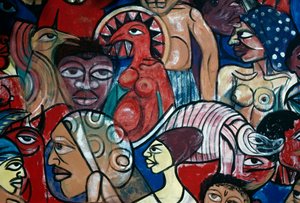 マプトの自然史博物館の庭の壁画「顔」、マランガタナ・ヴァレンテ・ングウェニャ（1936-2011）作、モザンビーク、20世紀 作： マランガタナ・ヴァレンテ・グウェンヤ