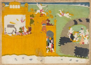 モンキーリーダーのアンガダが要塞からラーヴァナスクラウンを盗みました... 1725年。 作： Manaku