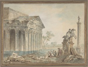 ローマのモニュメントとウォッシャーウーマンのある建築カプリッチョ、n.d. 作： Manner of Hubert Robert
