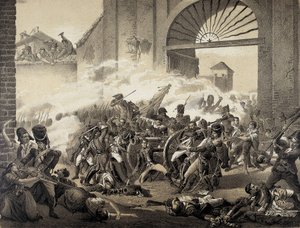 スペイン独立戦争（1808年）。5月2日、マドリードにて。モンテレオン公園を守るルイス・ダオイスの死。マヌエル・カステジャーノの絵画に基づくエングレーヴィング。リトグラフ。 作： Manuel (after) Castellano