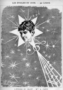 アデリーナ・パティ（1843-1919）、イタリアの歌手。"漫画家マニュエル・ルケによる漫画「歌の星」。1886年の "The Cartoon "に掲載。