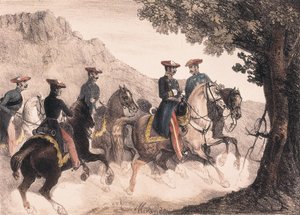 第一次カーリスト戦争、ブルーノ・デ・ビジャレアルと彼のスタッフ（カラーリトグラフ） 作： Manuel Miranda