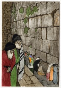 ソロモン王が950年に建立したエルサレム神殿の唯一の遺構である「嘆きの壁」の前に立つユダヤ人たち。マニュエル・オラッツィ（1860-1934）によるエングレーヴィング、「L