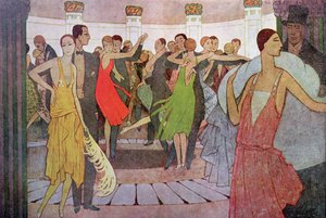 パリの夜、モンマルトルのダンスクラブ。エドモンドハロコートの「L&39;Amour et l&39;Esprit Gaulois」より、1925年頃（カラー彫刻） 作： Manuel Orazi