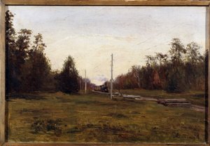 電車のある風景。 マヌイル クリストフォロヴィッチ アラジャロフ (1862-1934) の絵画。 ボール紙に油彩、29.5 x 43.5 cm。 20世紀初頭のロシア美術. 地方美術館、プリオス。 ©FineArtImage/リーマージュ 作： Manuil Christoforovich Aladzhalov