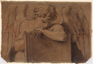 思春期の天使がタブレットや閉じた本に寄りかかっている様子を描いた漫画の断片 1690～95年頃 作： Marc Antonio Franceschini