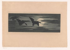 夕日を過ぎて移動する 3 羽のアヒル 作： Marc Henry Meunier (attributed to)