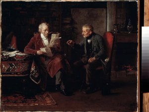 弁護士事務所にて。 マーク・ルイ・ベンジャマン・ヴォーティエ・レーヌ (1829-1898) の絵画。 キャンバスに油彩、36 x 43 cm。 19世紀ドイツの芸術。 プーシキン美術館、モスクワ。 作： Marc Louis Benjamin Vautier