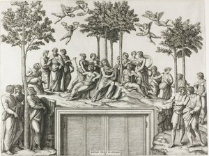ミューズと詩人に囲まれたパルナッソスのアポロン 作： Marcantonio Raimondi