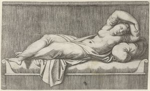 ベッドに半裸で横たわるクレオパトラ 作： Marcantonio Raimondi