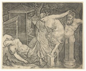 サテュロスの女性とエルムと眠っているバッカンテのバッカナルの断片 作： Marcantonio Raimondi