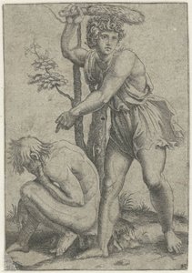 狐の尻尾を持つ男に殴られてしゃがむ裸の男 作： Marcantonio Raimondi