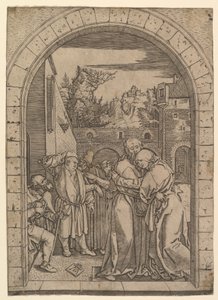 ヨアヒムはエルサレムのゴールデンゲートの下でセントアンを抱きしめていました。 1500-1534。 作： Marcantonio Raimondi