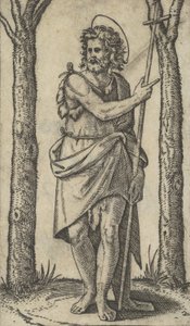 杖を持つ洗礼者ヨハネ、「Piccoli Santi」シリーズの小聖人たち、約1500年から1527年。 作： Marcantonio Raimondi