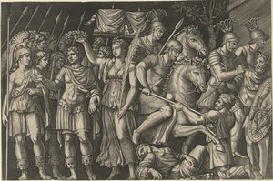 ヴィクトリアによって戴冠されたトラヤヌス帝は、ローマとダキア人と戦うローマ人の女性の擬人化の隣に立っています 作： Marcantonio Raimondi