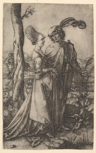 死の姿を木の後ろに隠して歩いている主人公と女性。 1500-1534。 作： Marcantonio Raimondi