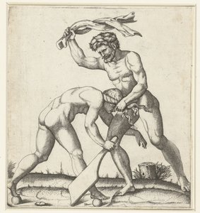 フォーチュン（Fortuna）の化身として女性と戦う男 作： Marcantonio Raimondi