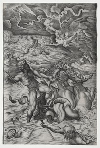 アイオロスがアイネイアスの艦隊に対して起こした嵐を鎮めるネプチューン 作： Marcantonio Raimondi