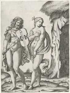 エウリュディケーが冥界に行く前にオルフェウスがヴィオラを弾く 作： Marcantonio Raimondi