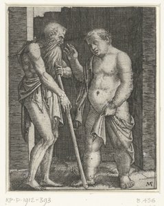 老人が杖にもたれて身振りで示す若いデブ男 作： Marcantonio Raimondi