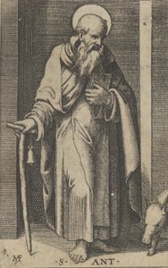 右手に杖を持つ聖アントニー、「Piccoli Santi」シリーズの小像、約1500～1527年。 作： Marcantonio Raimondi