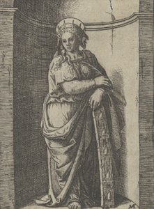 ニッチに立ち、車輪の上で休む聖カタリナ、彼女の拷問道具… 1500年から1527年。 作： Marcantonio Raimondi