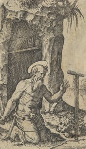クルシフィクスの前に跪く聖ジェローム、「Piccoli Santi」シリーズの小S...、約1500年から1527年。 作： Marcantonio Raimondi