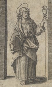 聖ヨハネ、右手に書物、左手に聖杯、「Piccoli Santi」シリーズより...、約1500年～1527年。 作： Marcantonio Raimondi