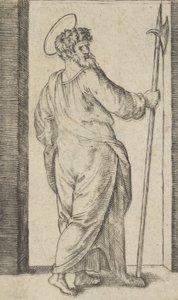 シリーズ「ピッコリ・サンティ」より、右手にハルバードを持った聖ジュード ..., ca. 1500年から1527年。 作： Marcantonio Raimondi