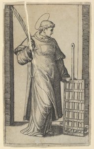 聖ローレンス、鉄板の上で左手を休める、「Piccoli Santi」シリーズより... 1500年頃～1527年頃。 作： Marcantonio Raimondi