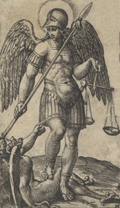 鱗と槍を持った聖ミカエル、その下には悪魔が描かれています。 作： Marcantonio Raimondi