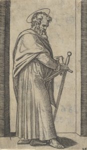 右手に剣を持つ聖パウロ、「Piccoli Santi」シリーズの小聖人、約1500-1527年。 作： Marcantonio Raimondi