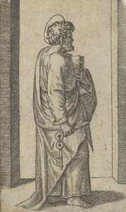 右手に鍵、左手に本を持ち、右を向いているサン・ピエトロ（「Pic...」シリーズ、約1500年～1527年 作： Marcantonio Raimondi