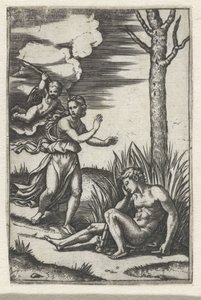 アモールに追われる眠れる男とニンフ 作： Marcantonio Raimondi