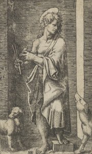 2 匹の犬に挟まれた聖ラザロ、シリーズ「Piccoli Santi」の小さな聖人、c...、ca. 1500年から1527年。 作： Marcantonio Raimondi
