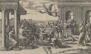 大きな大釜の中で裸で立っている聖セシリアの殉教、左下...、約. 1520-25。 作： Marcantonio Raimondi