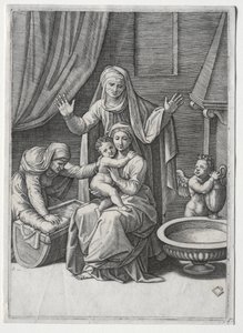 聖エリザベートと聖アンナと聖母とゆりかご 作： Marcantonio Raimondi