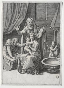 聖エリザベスと聖アンナの聖母と揺りかご、1520年。 作： Marcantonio Raimondi