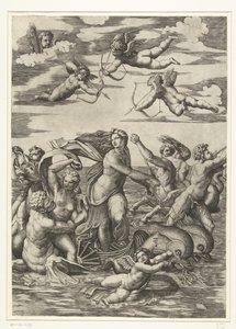 Triomf van Galatea は nereïden in putti でトリトンに会いました 作： Marcantonio Raimondi