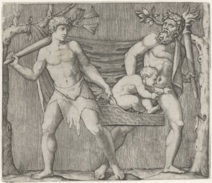 2 人のフォーンが子供をかごに乗せて運ぶ 作： Marcantonio Raimondi