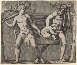 子供を運ぶ 2 つの牧神 作： Marcantonio Raimondi