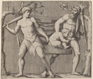 子供を運ぶ 2 つの牧神 作： Marcantonio Raimondi