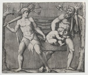 かごに子供を乗せた 2 人の牧神 作： Marcantonio Raimondi