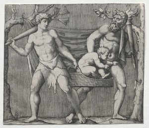 バスケットに子供を運ぶ2人の牧神c。 1513-1515。 作： Marcantonio Raimondi