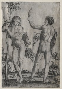 木のそばにいる 2 人の裸の男性