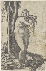 金星は水際に立って髪から水を絞ります 金星の誕生 作： Marcantonio Raimondi