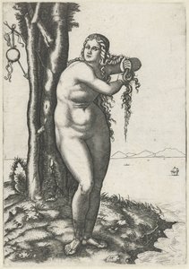 金星は水際に立って髪から水を絞ります 金星の誕生 作： Marcantonio Raimondi
