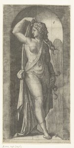 プルーデンス (プルーデンシア) を蛇と仮面で擬人化した女性 七つの美徳（シリーズタイトル） 作： Marcantonio Raimondi